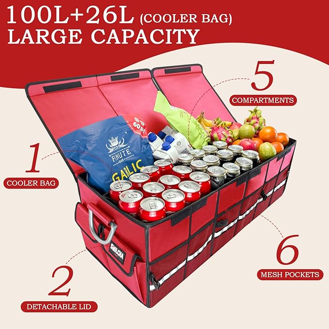 Heavy-Duty Extra Large 100L Premium Foldable Car Trunk Organizer with Lid + 26L Cooler Bag, Waterproof Robust Durable 1680D Oxford & Multi-Compartment Collapsible for SUV, Truck, Van, Sedan (Red)