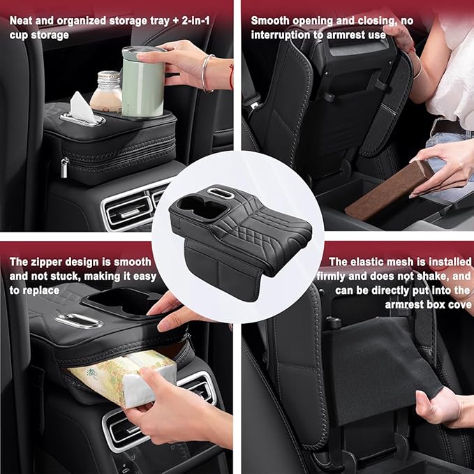 Car Armrest Storage Box for Toyota 4Runner 1984–2025 2020 2021 2022 2023 2024, Sport-Style Center Console Organizer with Side Pocket, PU Leather Armrest Cushion, Elbow Support Pad,C Grey
