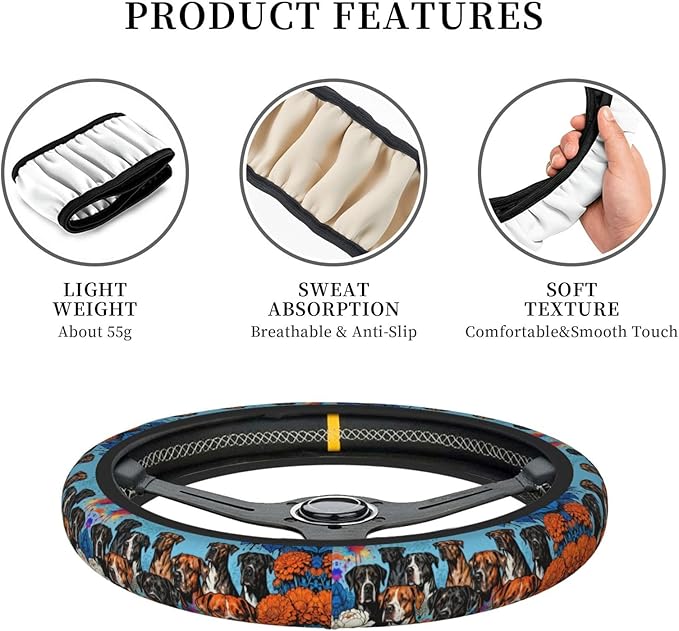 Colorfu -Pit-Bull Neoprene Steering Wheel Covers Women Men Car Accessories, Universal 15 Inch Fit Auto, Suvs, Truck