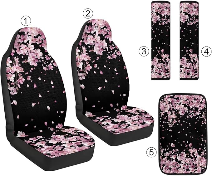 Psesaysky 5-Piece Auto Interior Covers Set Cherry Blossom PU Leather Breathable Front Seat Covers Seatbelt Covers & Armrest Pad for Cars, Trucks, SUVs, Vehicle Decor