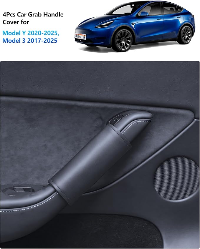 cybtkcar 2025 Tesla 4PCS Grab Handle Cover Model Y Model 3 2017-2025, Tesla Inside Door Handle Protector, Tesla Cover Door Handle Anti-Scratch Leather Handle Plate Model Y Model 3 Accessories