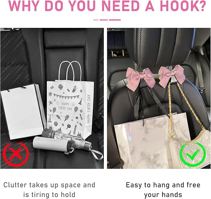 2 PCS Car Seat Headrest Hook, Cute Bow Knot Auto Seatback Hanger Storage Organizer, Vehicle Back Seat Hanging Hooks for Purse Coat Umbrella, Interior Decor Car Accessories (Pink)