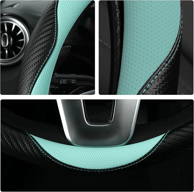 Car Steering Wheel Covers for Women Girl Padded Carbon Fiber PU Leather Cute Cartoon Auto Interior Accessories for Jeep, Truck, Universal, Anti Slip, Green, Large Size, 15.2-16in