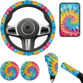 Blue Tie Dye 6pcs Car Interior Accessories Protector Set Car Steering Wheel Cover for Women Cup Coaster Handbrake Gear Cover Suit for Most Cars Truck Vans SUV