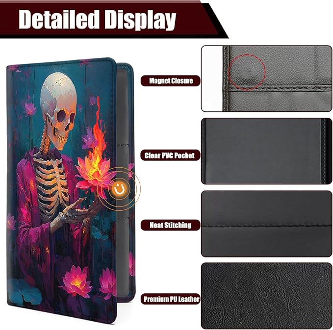 Car Document Holder with Magnetic Shut, Car Registration and Insurance Card Holder, Vehicle Glove Box Organizer Documents, Driver License, Auto Paperwork Organizer Wallet, Skeleton Holding Lotus