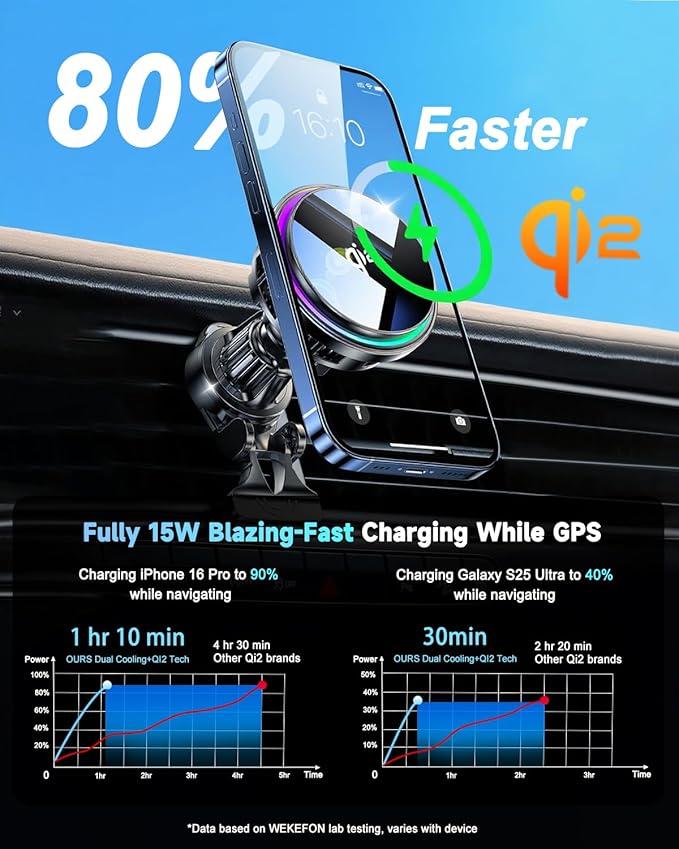2026 Upgrade TEC & Fan Cooling Magnetic Wireless Car Charger, For Qi2 15W Magsafe Car Charger Mount, Air Vent Fast Wireless Charging Car Phone Holder for iPhone 17/16/15/14/13/12 Series, Samsung＆Pixel