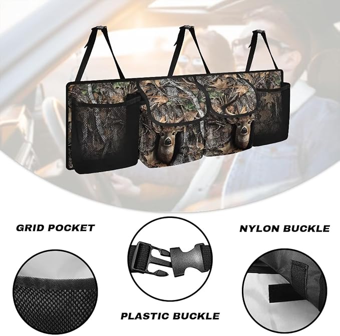 Camo Hunting Deer Car Trunk Organizer, Backseat Hanging Large Storage with Adjustable Straps & 4 Pockets, Waterproof Collapsible Cargo Bag, Car Interior Accessories for SUV, Truck, Van
