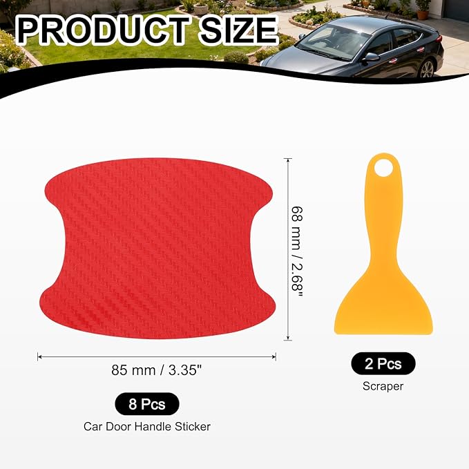 PATIKIL 2.68" x 3.35" Car Door Handle Sticker, 8Pcs Carbon Fiber Anti-Scratches Vehicle Door Cup Protector with Scraper Auto Door Handle Protective Film for Cars Trucks RV SUV, Red