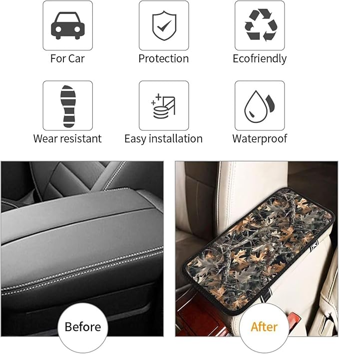 Car Center Console Cover Camo Brown Camouflage Car Armrest Storage Box Padded Cushion Hunter Hunting Fall Auto Arm Rest Cover Pad Fallen Leaves Branch Dried Leaves Car Accessories Interior