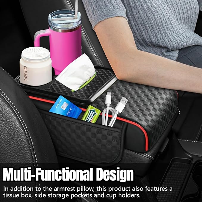 Hovom Car Center Console Armrest Pillow, 13.78"×7.48"×2.76" Leather Arm Rest Cover for Cars, Multifunctional Auto Armrest Cushion Pad with Pocket, Tissue Box & Cup Holder, Car Accessories (Black+Red)