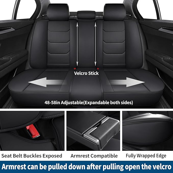 SCOMEE Leather Car Seat Covers Full Set Breathable Automotive Seat Protectors, Waterproof Universal Fit for Most Cars, SUVs, Trucks (Black, Full Set)