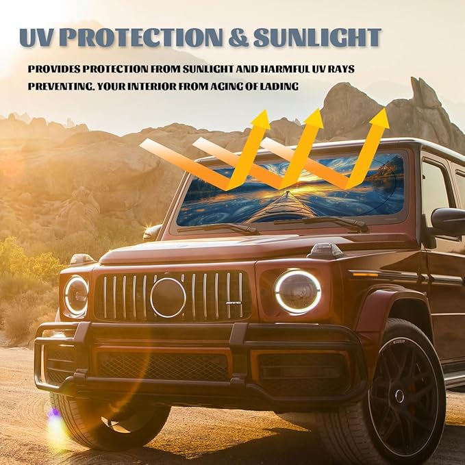 Starry Night Car Windshield Sunshades Sunset Tranquil Lake View Kayaking Front Window Sun Shade Block UV Rays Sun Shade Visor Protector for Car Sedan Truck SUV Accessories