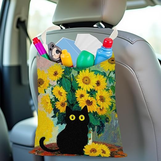 Pykfrhh Black Cat Car Trash Bag, Car Trash Bag Hanging, Waterproof Cars Back Seat Hanging Organizer and Storage Trash Bags for Vehicle Travelling Camping Sunflowers Decor