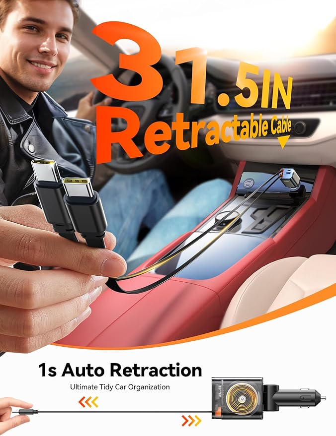 Retractable Car Charger 84W Car Charger USB C for iPhone 16 17 Pro Max Fast Charging [PD45W Dual Type C Cables] Car Accessories Cigarette Lighter Adapter for iPhone 17 Air 16 15 Pro Max, Samsung S25
