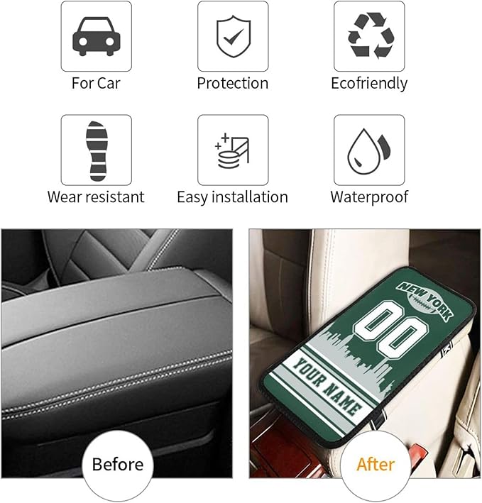 Custom New York J Car Armrest Covers Personalized Football Style with Name Number Customized Auto Center Console Pad Car Handrail Box Cushion for Most Vehicle Decor Accessories, Fans Gift