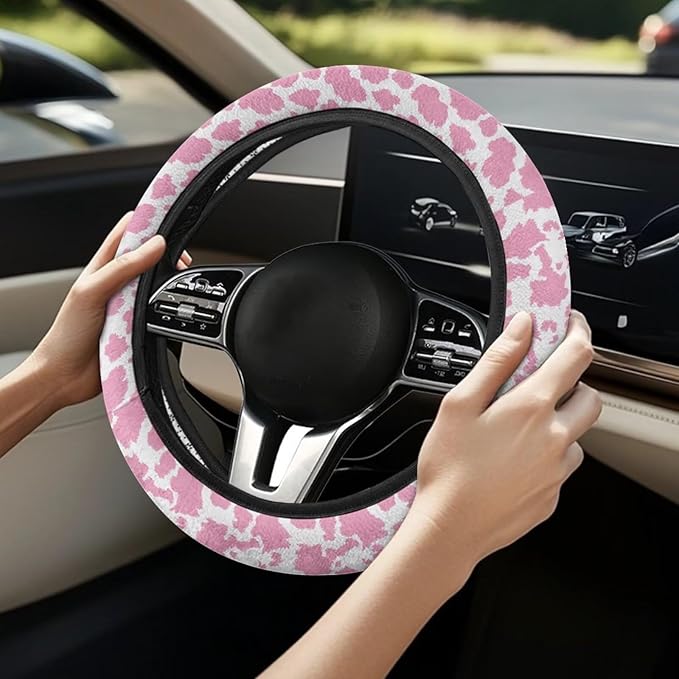 Universal Non-Slip Steering Wheel Cover, 15-inch Polyester Material Driving Accessories, Adjustable for Car and Truck(Pink Spots)