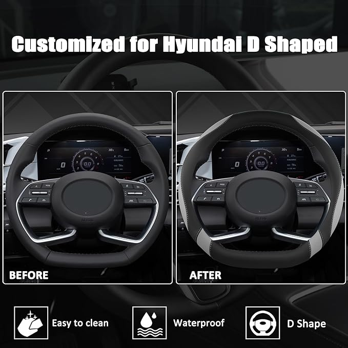West Llama Flat Bottom Car Steering Wheel Cover for Hyundai,D Shaped Steering Wheel Cover for Tucson,Sonata,Elantra,Santa Fe,Genesis,Sonata Hybrid,Azera,Venue,Kona (Black+Gray-Standard Size)