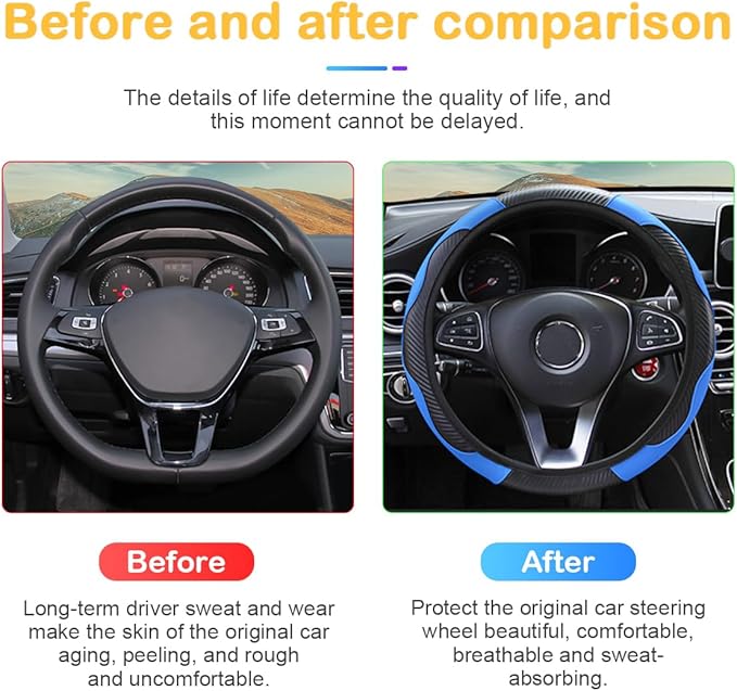 Car Steering Wheel Cover, 15 inch Carbon Fiber Microfiber PU Leather Elastic Steering Wheel Protector for Men Women, Anti-Slip Breathable Car Interior Accessories for Most Cars (Blue)