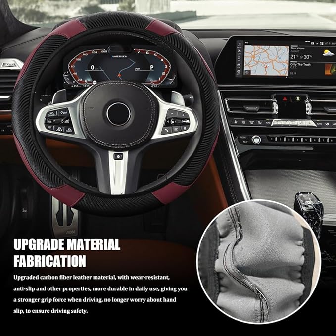 Car Steering Wheel Cover, Steering Wheel Cover Protector, 15 Inch Carbon Fiber Microfiber Leather Elastic Steering Wheel Protector, Car Steering Wheel Accessories for Vehicles (Black WineRed)