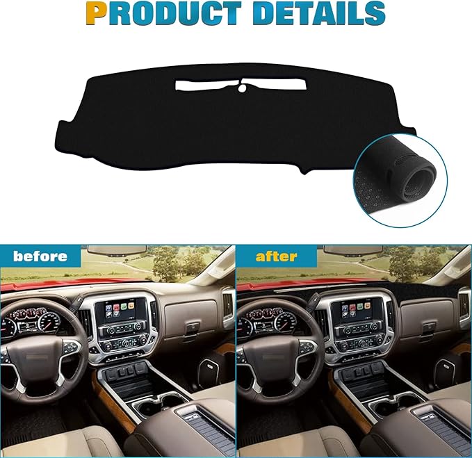 x xotic tech Dashboard Mat Cover for Chevrolet Silverado GMC Sierra 1500 2500 3500 2014-2018 Pre-Cut Non-Slip Sunshield Sun Glare Protector Dash Carpet Pad Black