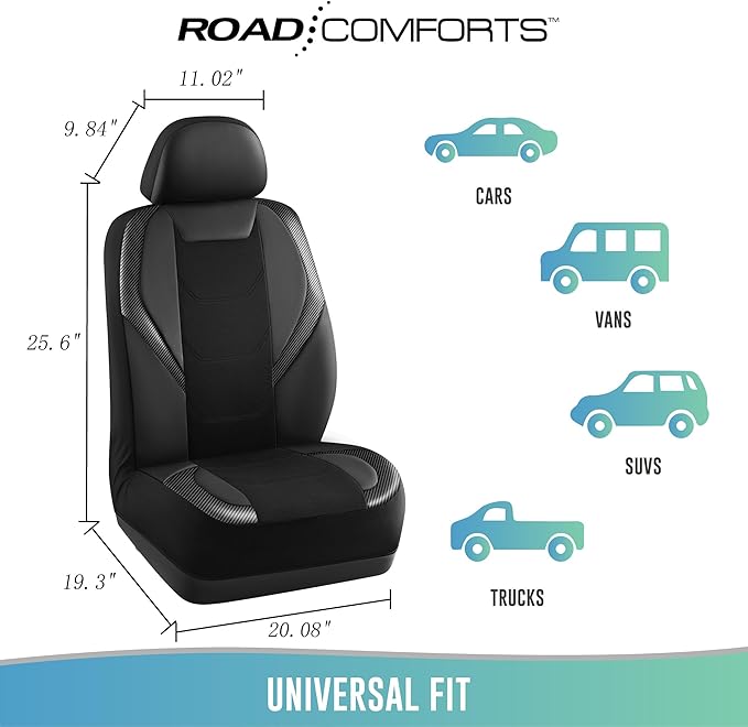 Road Comforts Car Seat Cover, Leather Mesh Front Seat Cover, Universal Fit for Most Cars, SUVs, Trucks, and Vans, Airbag Compatible - Black