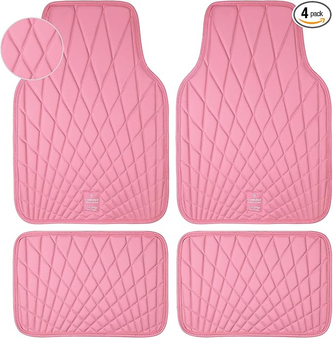 CAR PASS Luxury Faux Leather Floor Mats for Cars, Waterproof All Weather Car Mats Full Set, Anti-Slip Deluxe Automotive Floor Mats Universal Fit for Most SUV,Vans,Sedans,Trucks, 4 Piece Pink