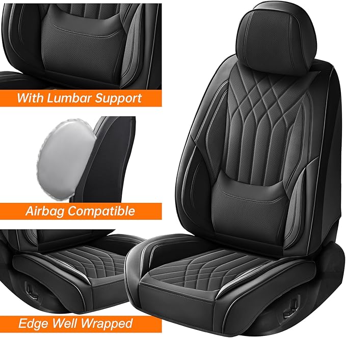 GEZHOUBA Car Seat Covers Front Seats Black, Luxury Leather Automotive Seat Covers with Lumbar Support, Waterproof Car Seat Protector Universal Fit for Most Cars Trucks Pick-ups SUVs