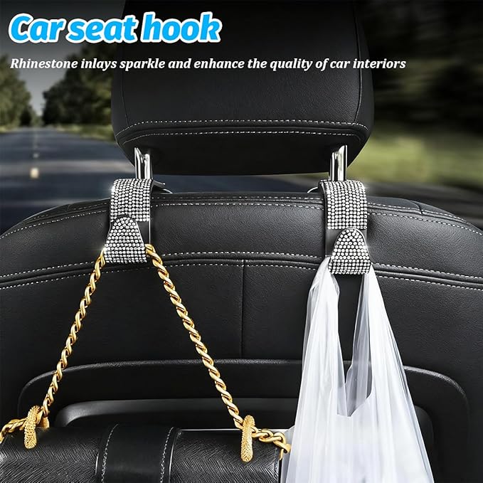 4PCS Bling Car Seat Headrest Hooks, Vehicle Back Seat Purse Handbag Hanging Holder with Crystal Rhinestone, Diamond Storage Organizer Hook, Universal Automotive Accessories (Black/Pink)