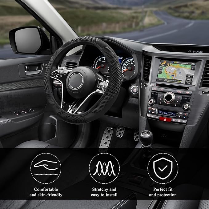 Elastic Stretch Steering Wheel Cover, Warm in Winter and Cool in Summer, Universal 15 inch Microfiber Breathable Ice Silk Anti Slip Car Interior Accessories, Odorless, (Black)