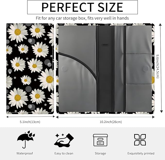 BAUCIWLD Premium Car Registration and Insurance Card Holder, Cute PU Leather Car Document Holder, Vehicle Glove Box Car Organizer with Magnetic Closure for Driver License, Cards White Daisy
