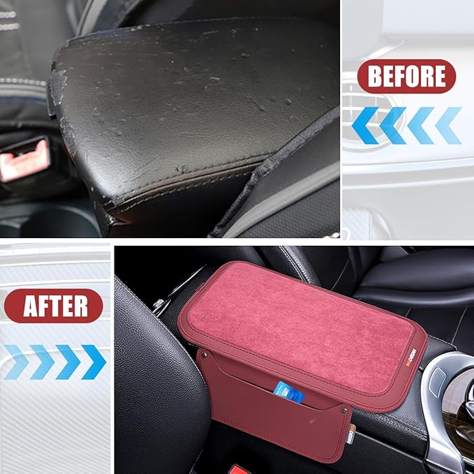 Car Center Console Cover, Leather Furry Fluffy Armrest Seat Box Cushion Pad with 2 Storage Bags, Comfortable Auto Interior Middle Console Protector, Compatible with Most Vehicle (Wine Red)