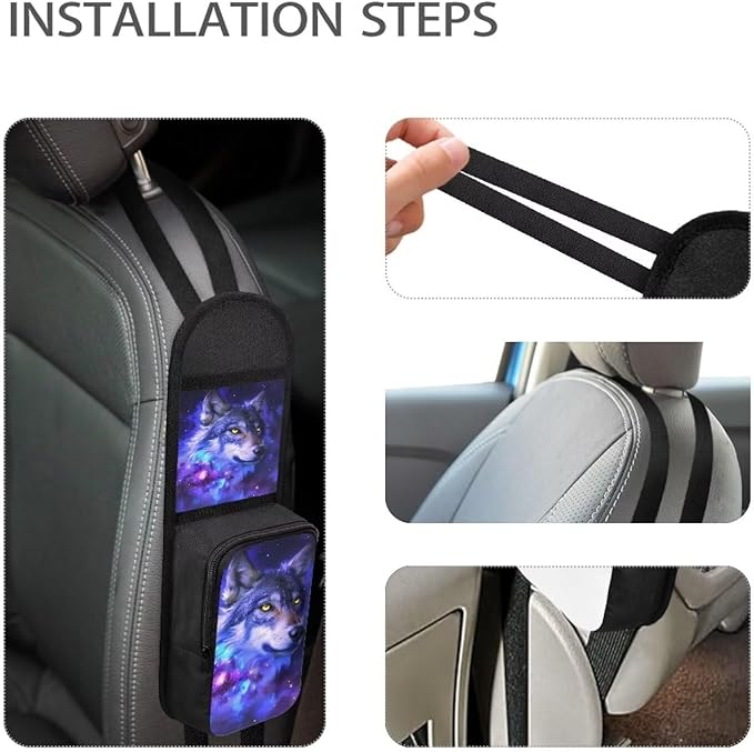 Galaxy Wolf Car Seat Storage Hanging Bag Front Seat Side Organizer Bag for Mobile Phone Sunglasses Holder Multi Pocket Car Organization Accessories