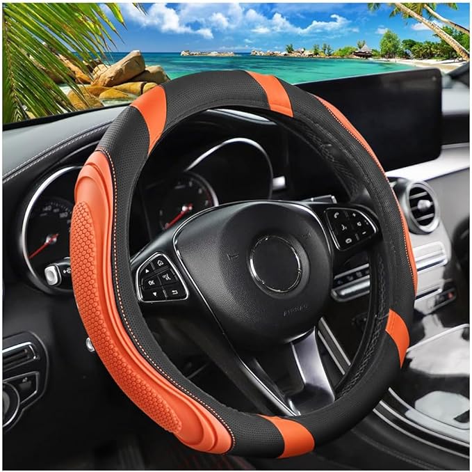 15 Inch Car Leather Steering Wheel Cover, Automotive Accessories Elastic Breathable Anti-Slip Soft Wheel Protector Fits Men and Women, Suitable for SUVs, Trucks, Vehicles and RVs (Orange)