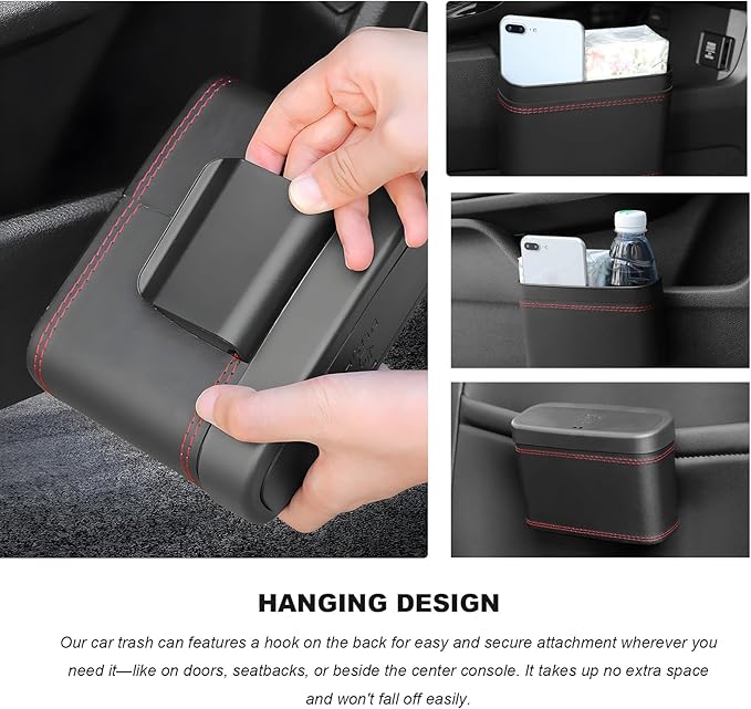 Car Trash Can with Lid, Leather Auto Dustbin Hanging Organizer with Mounting Clip, Multi-Purpose Leakproof Vehicle Garbage Bin Storage Container for Cars SUVs RVs (Black)