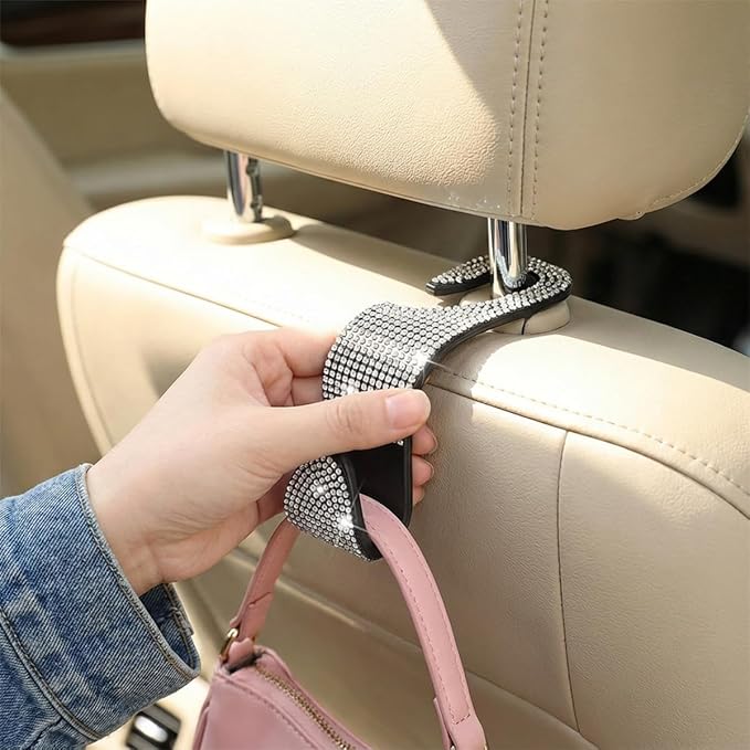 4PCS Bling Car Seat Headrest Hooks, Crystal Rhinestone Vehicle Back Seat Hanger Holder, Auto Interior Headrest Hanging Storage Organizer for Purse Handbag Coat, Universal Fit (Orange)