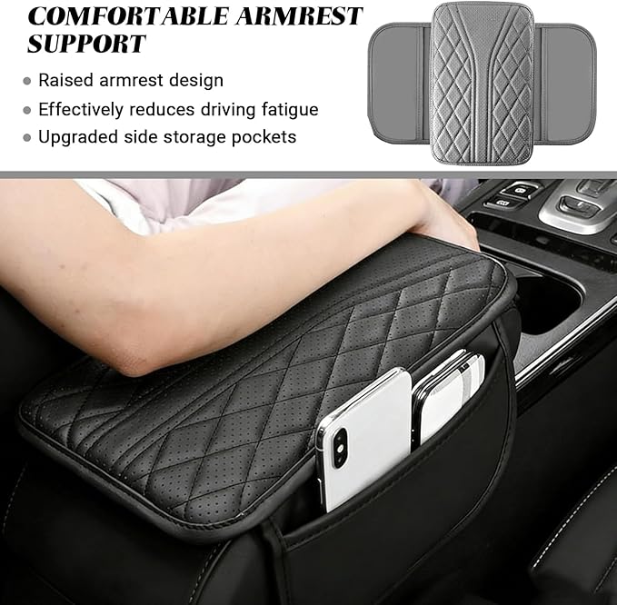 KoiLuvGo Upgraded Car Center Console Cover, Leather Auto Armrest Cover with 2 Storage Bags, Waterproof Center Console Protective Pad, Universal Cars Armrest Storage Box for Sedan, SUV, Truck (Gray)
