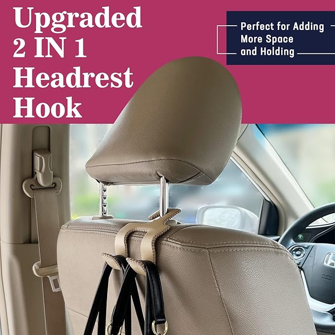 TISOHUGO Upgraded Headrest Hooks for Purses and Bags, 2 in 1 Car Back Seat Head Rest Hanger Matching Cars Interior Genuine Leather Vehicle Storage Holder Hook, 2 Pack, Black