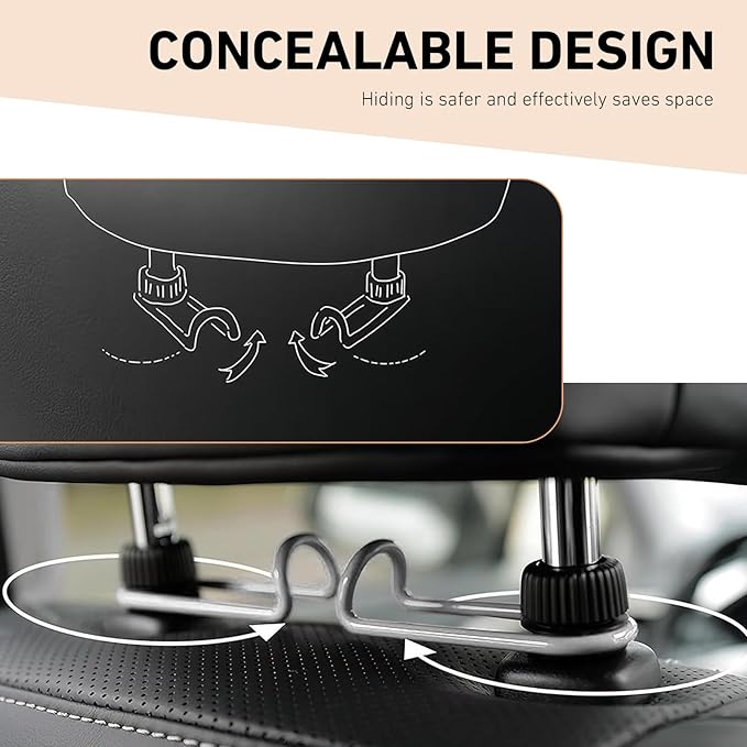 Cuymoap 2 PCS Car Headrest Hooks, 10 KG Load Bearing Anti-slip Hanging Hanger, Rotatable Hidden Storage Hook, Universal Multifunction Seat Back Organizer for 0.47" - 0.59" Tube Diameter (Black)