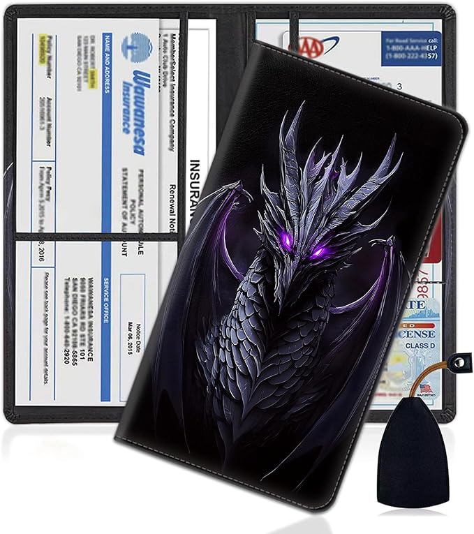 Car Document Holder with Magnetic Shut, Car Registration and Insurance Card Holder, Vehicle Glove Box Organizer Documents, Driver License, Auto Paperwork Organizer Wallet, Purple Dragon Pattern
