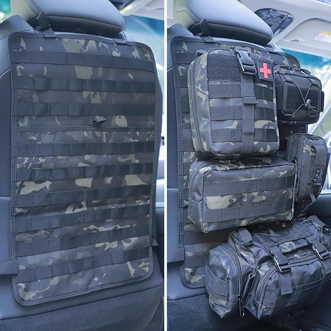 BXBXHD 6 Pack Tactical Truck Organizer Back Seat Storage Car Seat Storage Bag Molle Panels for vehicles, Car and SUV with Lots of Handy Compartments (Black Camo)