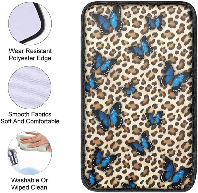 Butterfly Leopard Car Armrest Cover Pad for Women Girls Non Slip Cheetah Print Center Console Cushion Dustproof Car Armrest Box Protector Cover Breathable Soft