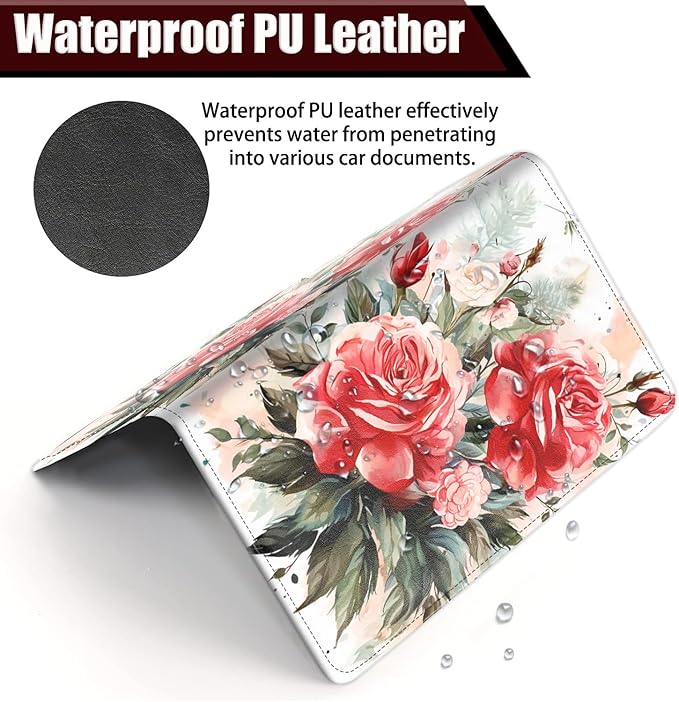 Yuxcfhjfe Car Registration and Insurance Holder, PU Leather Auto Document Holder for Men&Women, Vehicle Glove Box Compartment Organizer with Magnetic Shut for Driver's License, Peony Painting Pattern