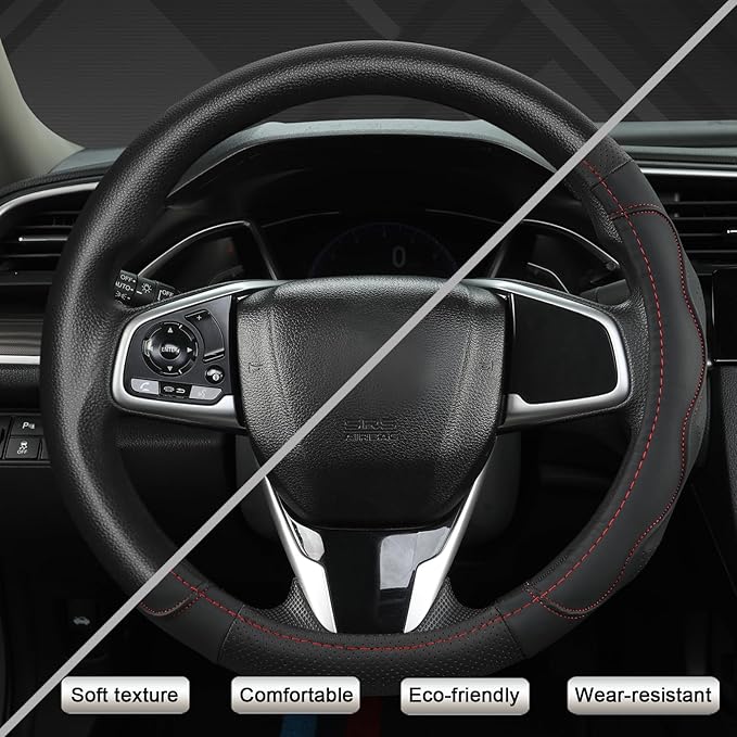 West Llama 3D Texture Steering Wheel Cover for Toyota, Anti-Slip Design, Premium Leather, Custom Fit for 14.5-15 inch, Stylish Interior Decoration(Black+Red Line-Standard Size)