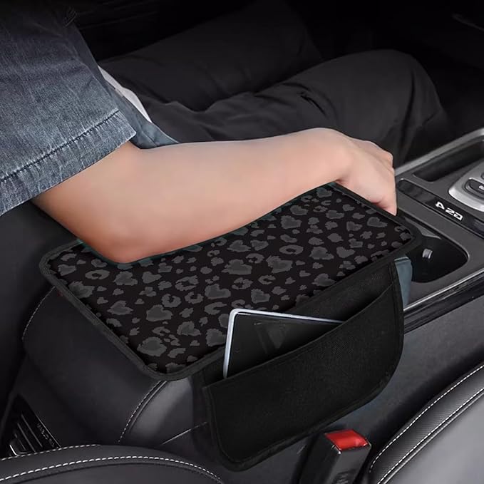 Dreaweet Black Leopard Print Car Accessories Center Console Covers with Pockets Cheetah Print Armrest Cover for Truck SUV Car Arm Rest Cushion Pad Soft Comfortable