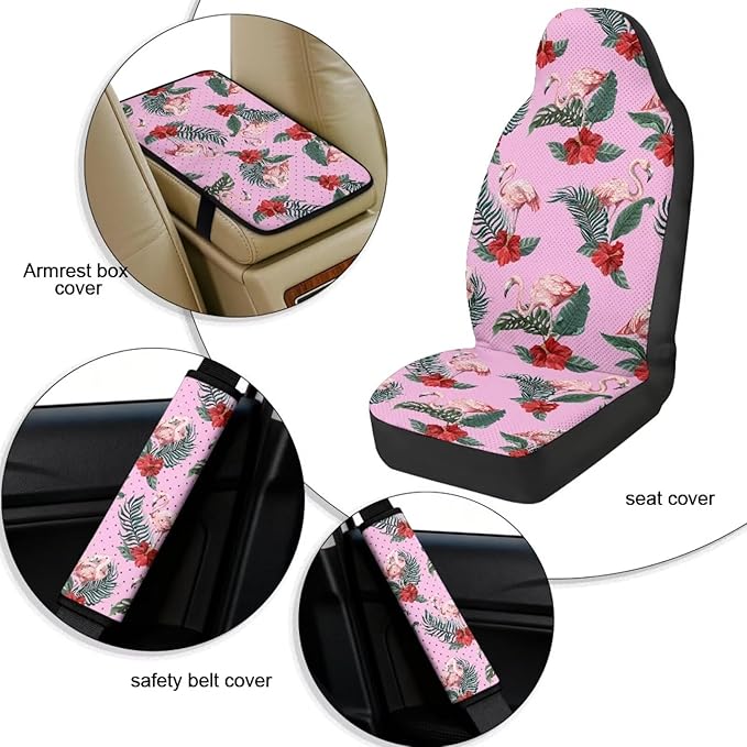 Qeluxign Car Seat Covers Full Set Flamingo Tropical Floral Universal Fit Auto Front Seat Covers and Seatbelt Pads Armrest Cushion Gifts for Women Protect Your Car Interior