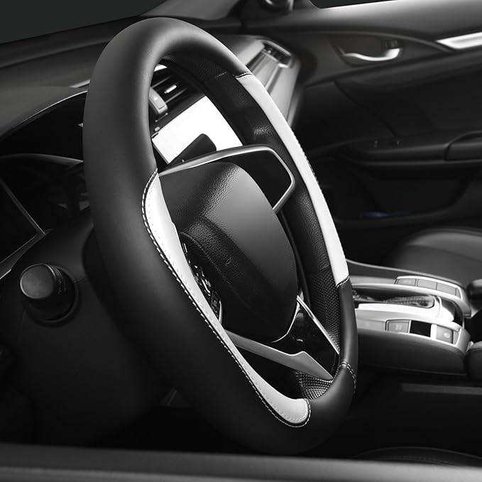 Car Steering Wheel Cover,Microfiber Leather Steering Wheel Cover Universal 15.5-16 inch, Anti-Slip Breathable Auto Wheel Cover Protector for Men Women (Black&White)