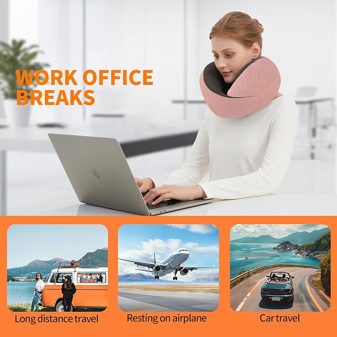 Ziixmile Travel Neck Pillow for Airplane – Memory Foam 360° Support Compact Design Ergonomic Flight Pillow for Sleeping & Neck Support Portable Travel Pillows for Adults, Car, Office Home (Pink)