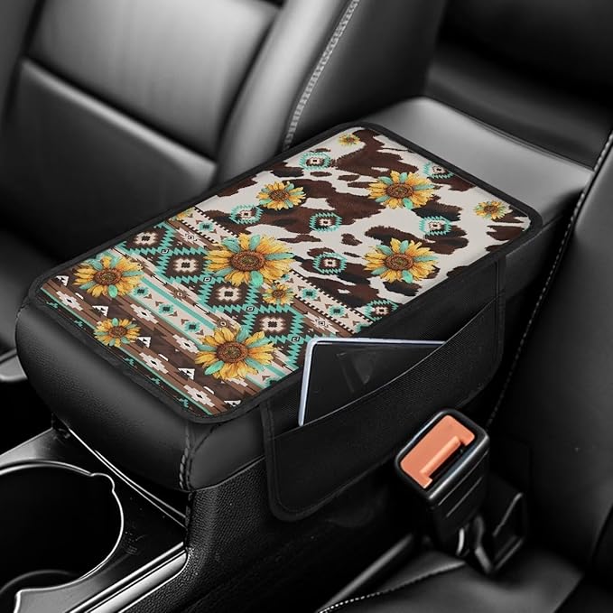Dreaweet Sunflower Aztec Print Center Console Cover with Pockets Brown Cow Print Car Accessories for Women Soft Comfortable Armrest Cover Protector Arm Rest Cover for Vehicle SUV Truck