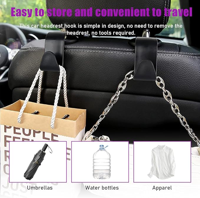 4 PCS Car Seat Headrest Hooks, Auto Backseat Organizer Hanger Holder, Vehicle Seat Back Storage Hooks for Purse Coat Umbrella Grocery Bag Handbag, Interior Car Accessories (Black)