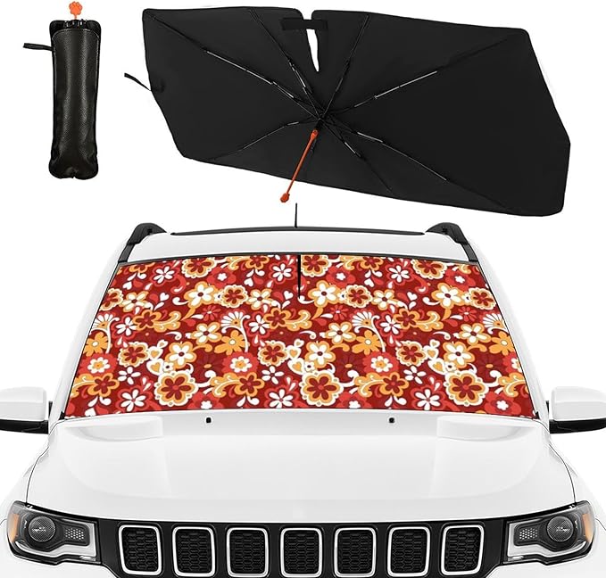 DOPINDU 60s 70s Flowers Car Windshield Sun Shade Umbrella Bendable Handle Foldable Funny Sunshade for Car Windshield Block UV Rays Keep Vehicle Cool for Most Sedans SUV Trucks Cars 57"x30"